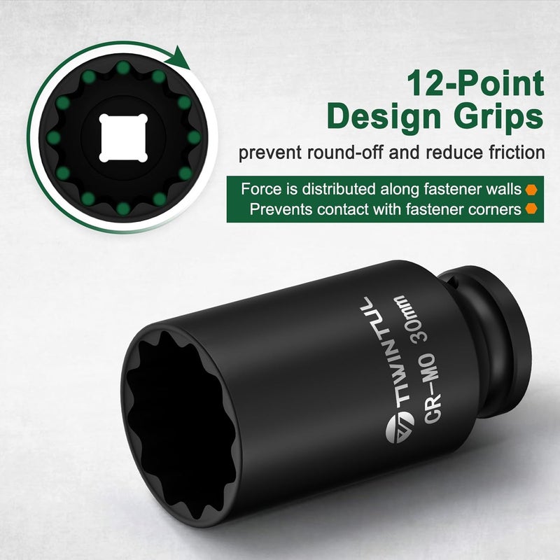 TIWINTUL 30mm 12 Point Impact Socket 1/2 Inch Drive, Deep CR-MO Steel Impact Socket, 3.07" Length, Metric Size, Axle Nut Socket for Easy Removal of Axle Shaft Nuts - Image 3